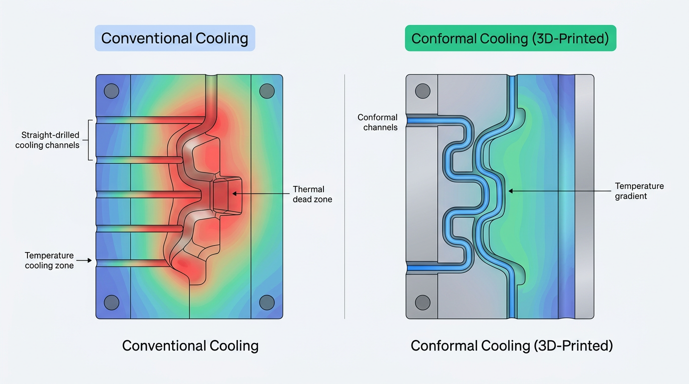 Technical cross-section diagram comparing two die casting mold designs side by side