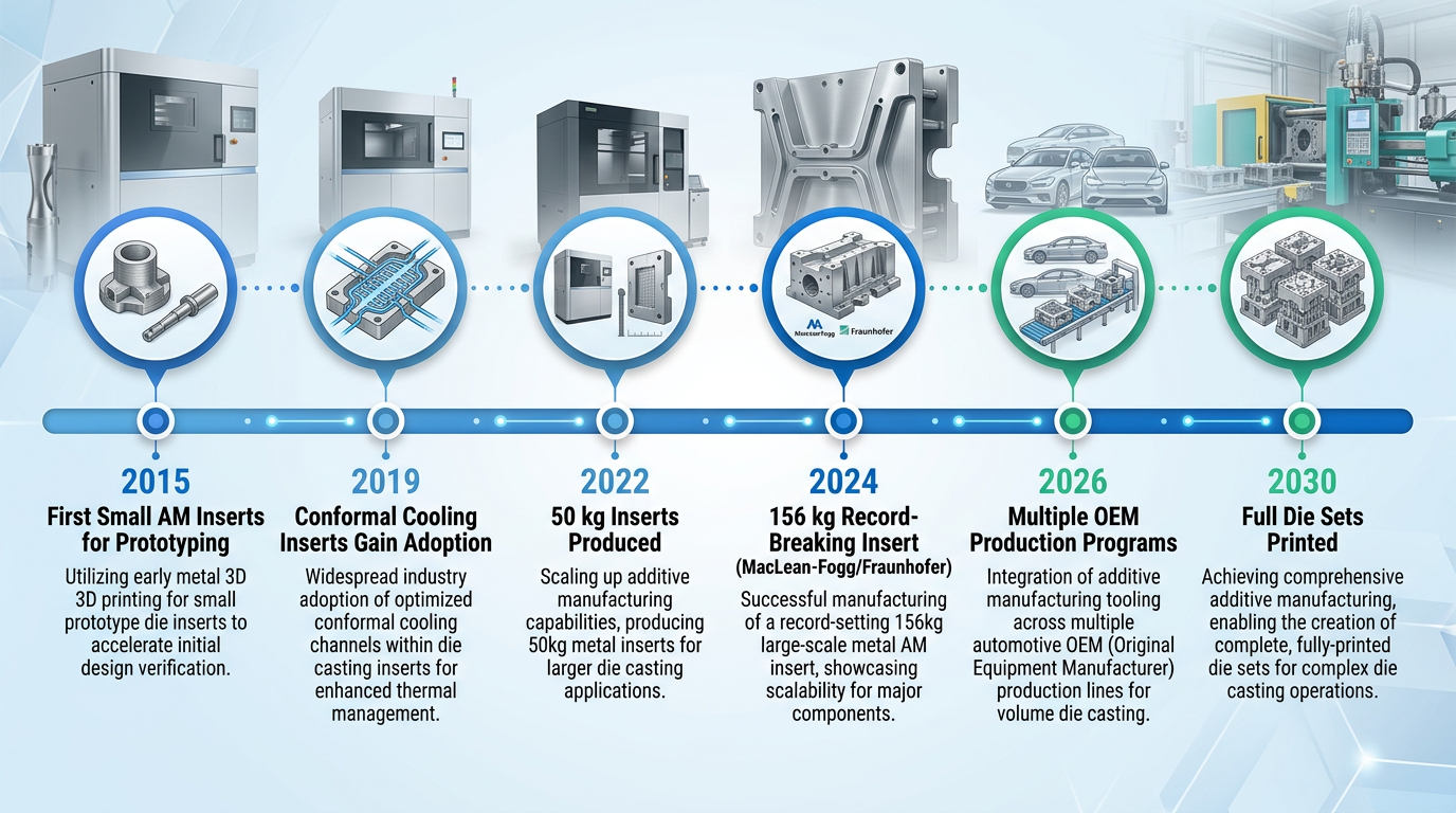 Horizontal timeline infographic showing the evolution of additive manufacturing in die casting tooling
