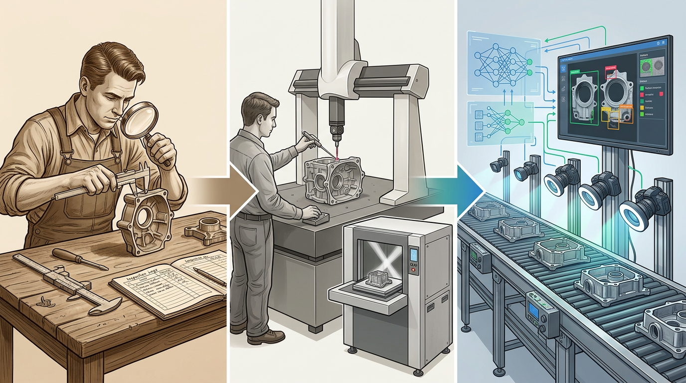 Three-stage progression diagram showing the evolution of die casting quality inspection