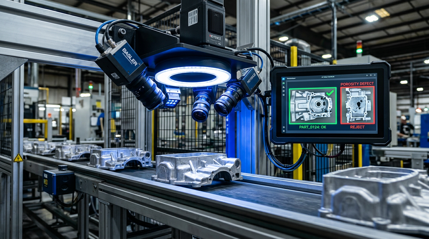 Close-up photograph of an AI vision inspection system operating on a die casting production line