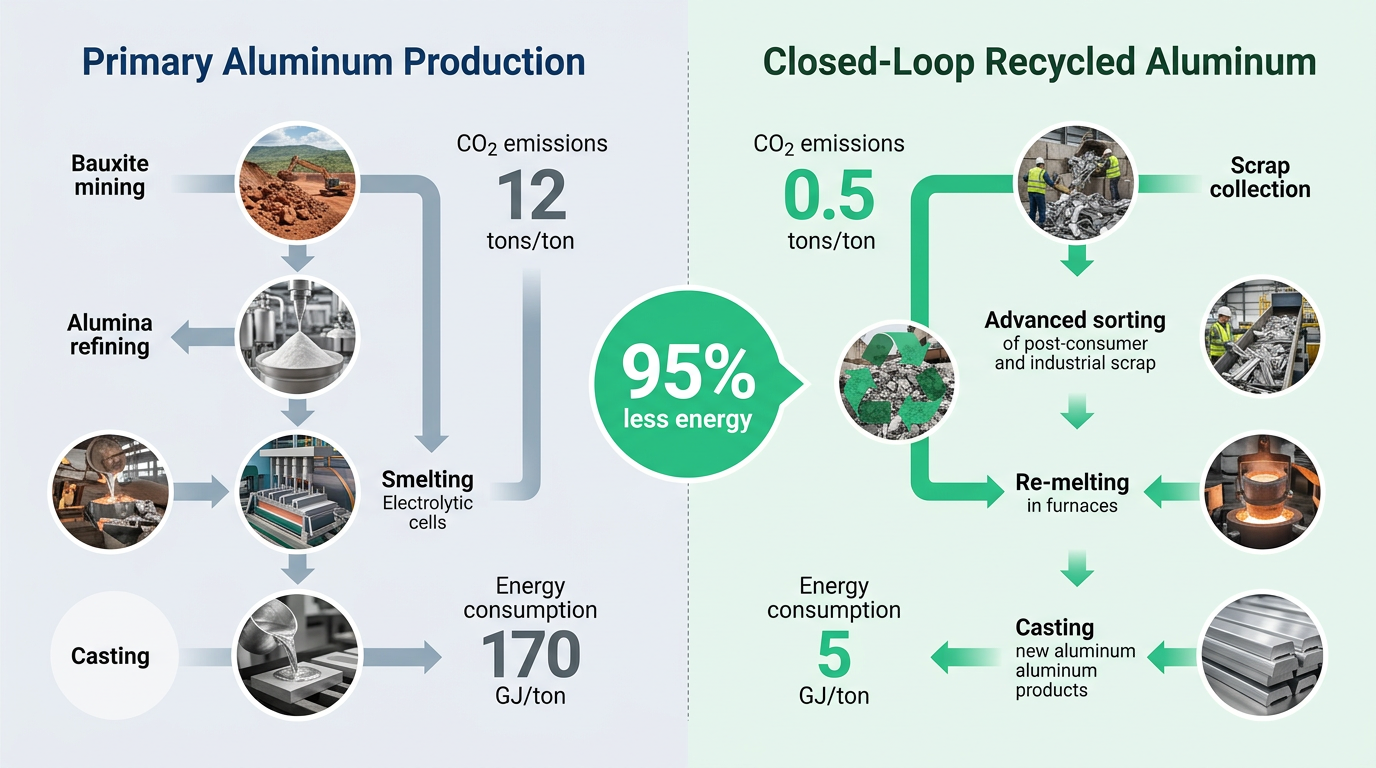 Side-by-side infographic comparing primary aluminum production vs