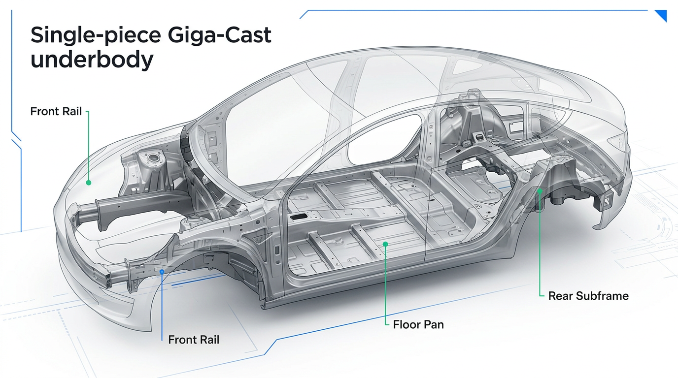 Detailed technical cutaway illustration of a single-piece giga-cast vehicle underbody structure, showing the massive...