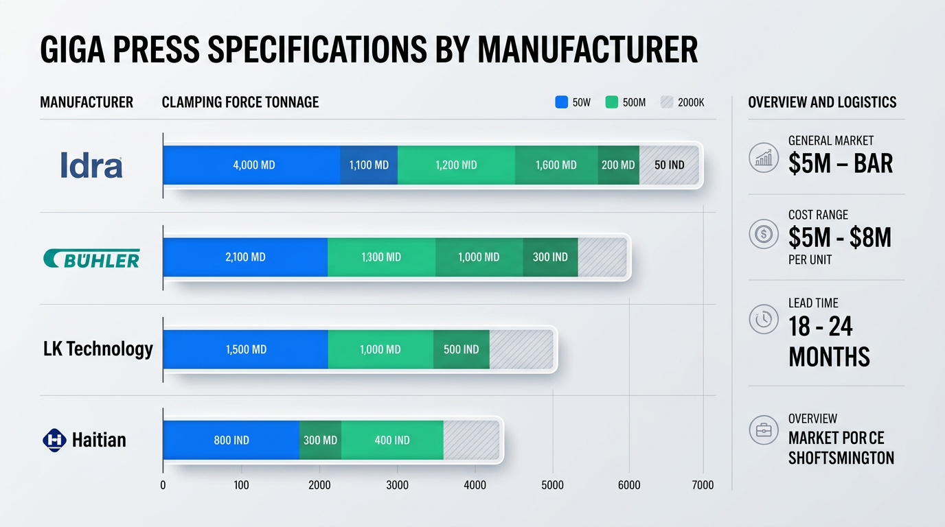 Infographic-style comparison chart showing giga press specifications by manufacturer