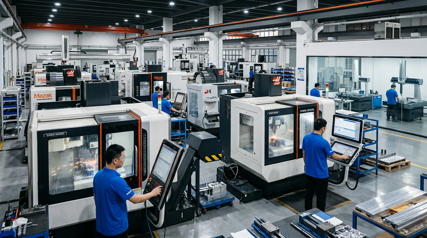 CNC machining facility in China with multiple precision machines and operators