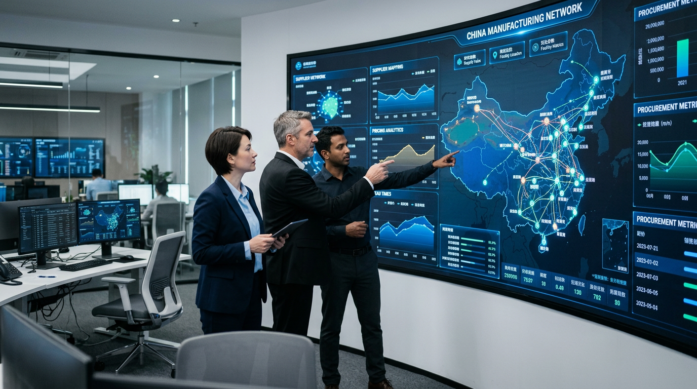Supply chain analysts reviewing manufacturing market data and supplier networks