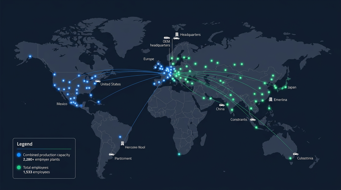 World map infographic showing the combined global manufacturing footprint of Nemak and GF Casting Solutions after...