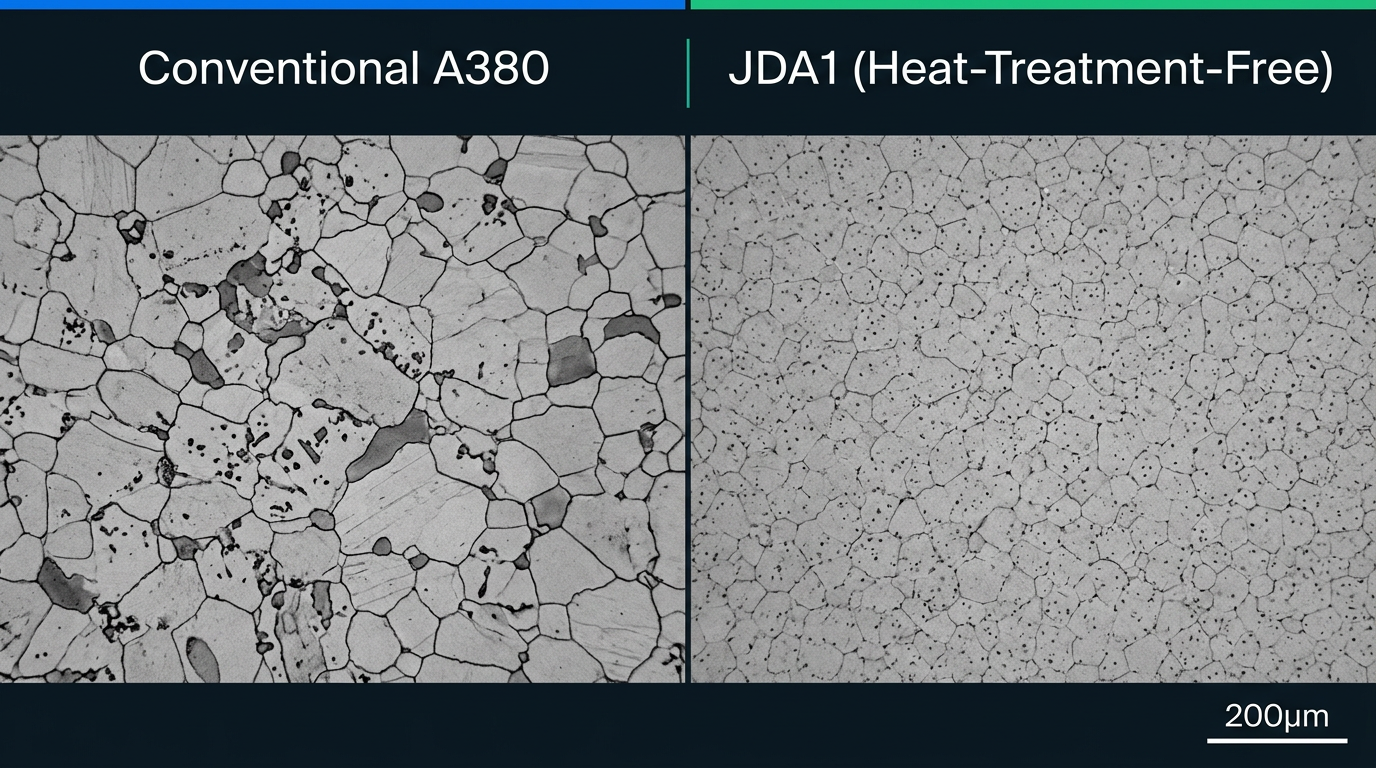 Split-screen microscope image comparing the grain structure of two aluminum alloys at 200x magnification