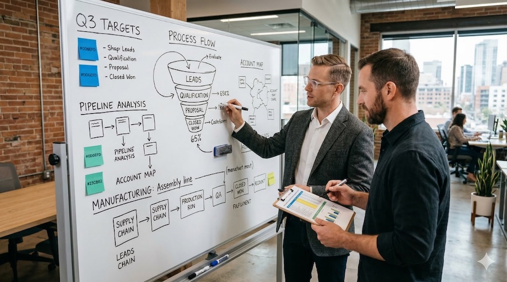 Two professionals in their early 30s collaborating at a large whiteboard in a clean, modern office