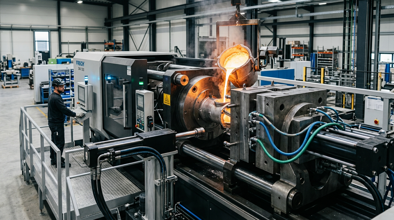 Aluminum die casting machine during production cycle with molten aluminum