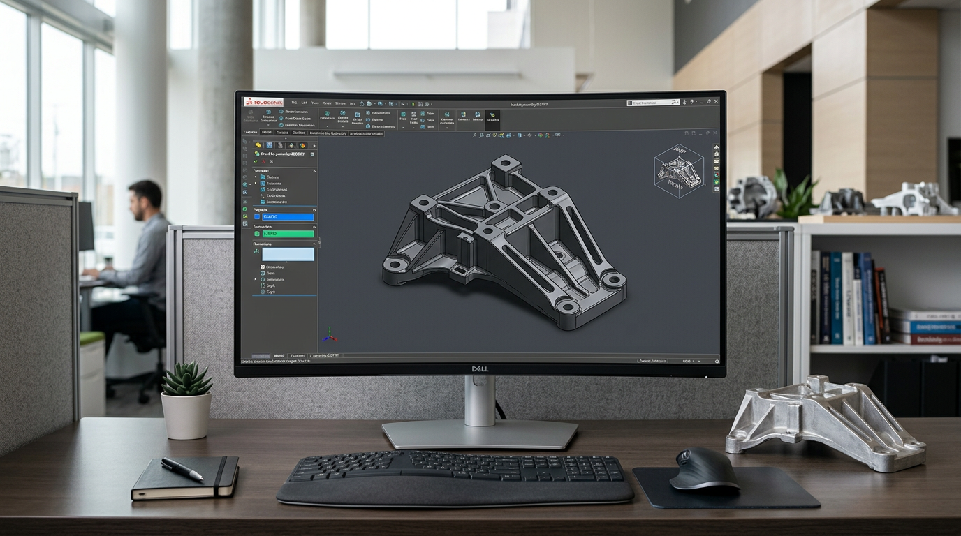CAD model of aluminum die cast part on computer screen