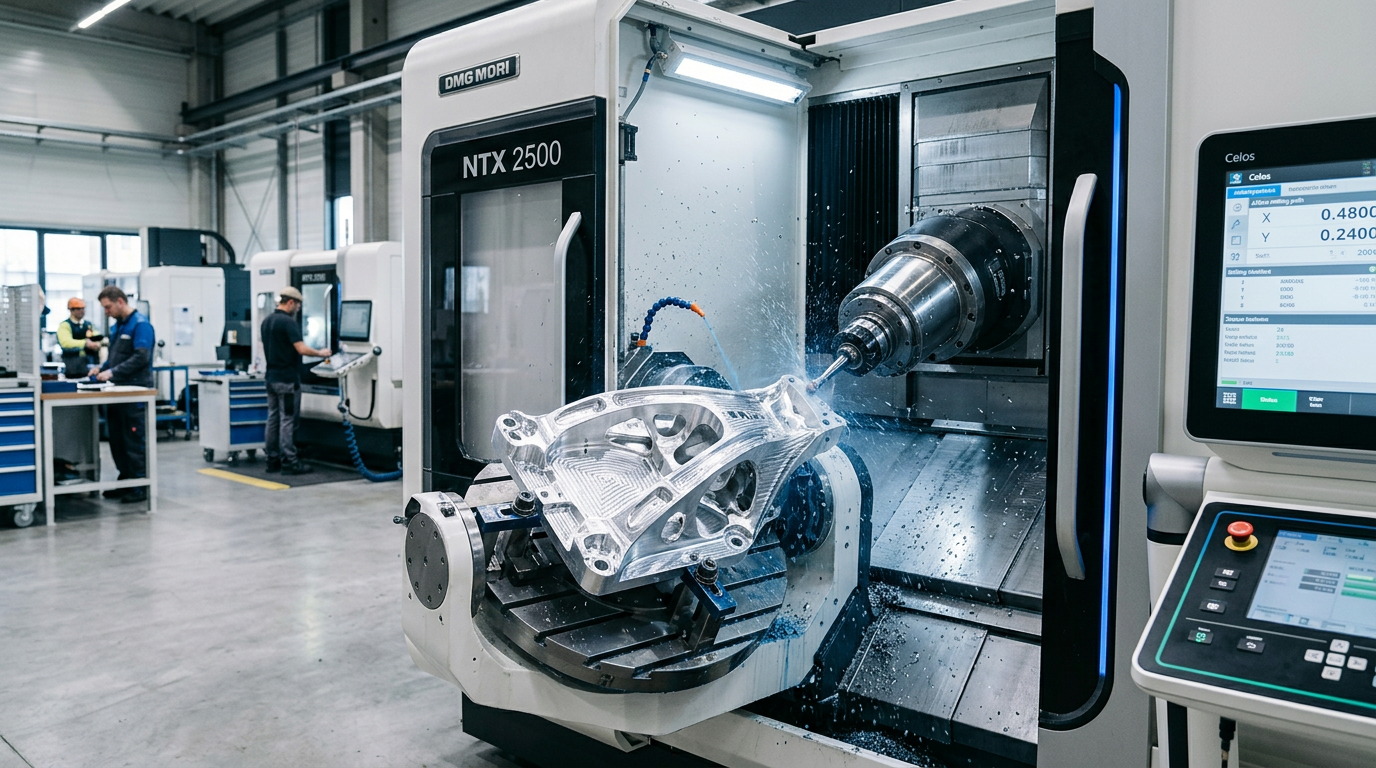 CNC milling machine with complex part in progress