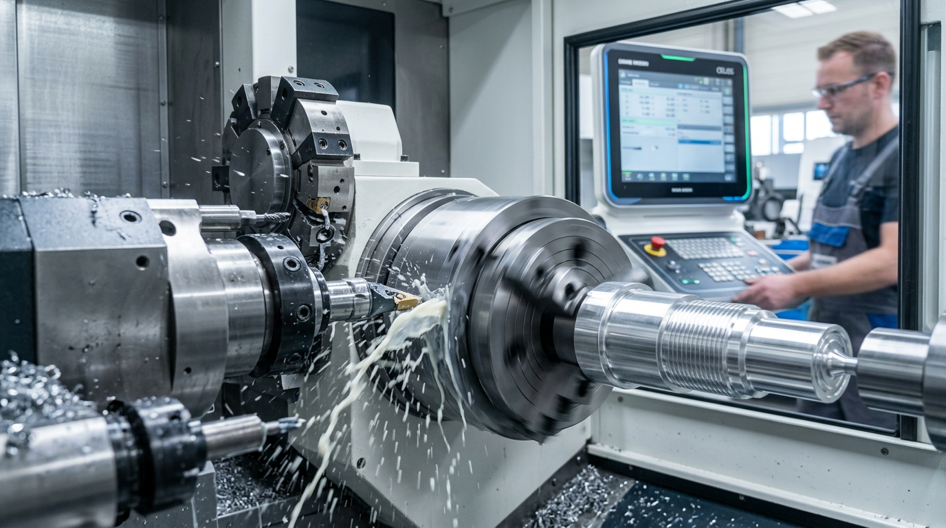 CNC turning operation with coolant stream and finished part