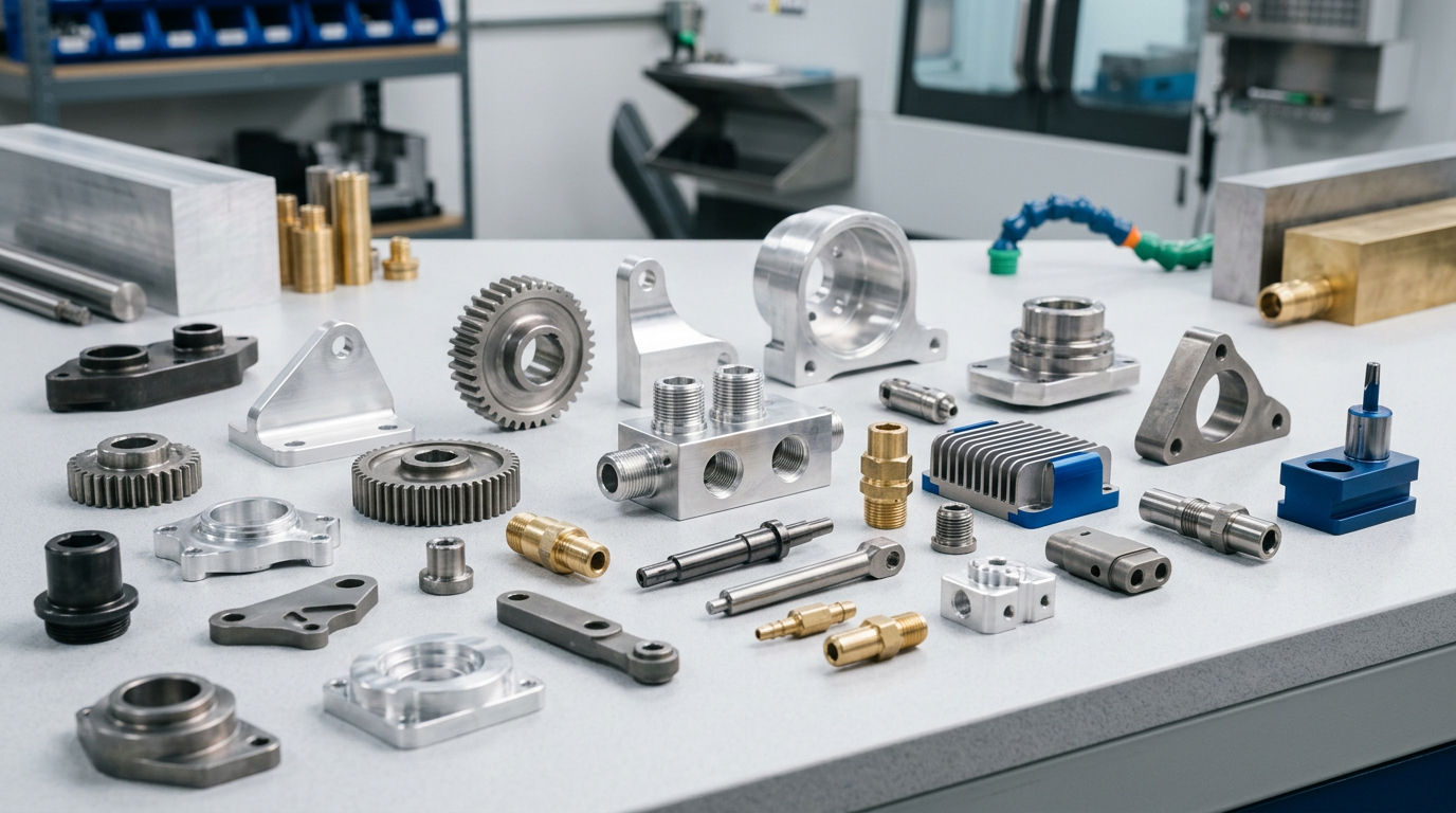 Assortment of CNC machined parts in different materials