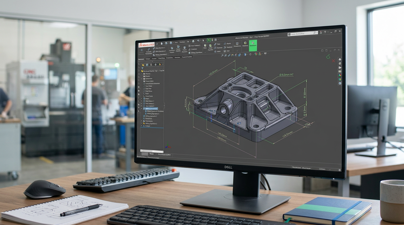 CAD model of CNC machined part on computer screen