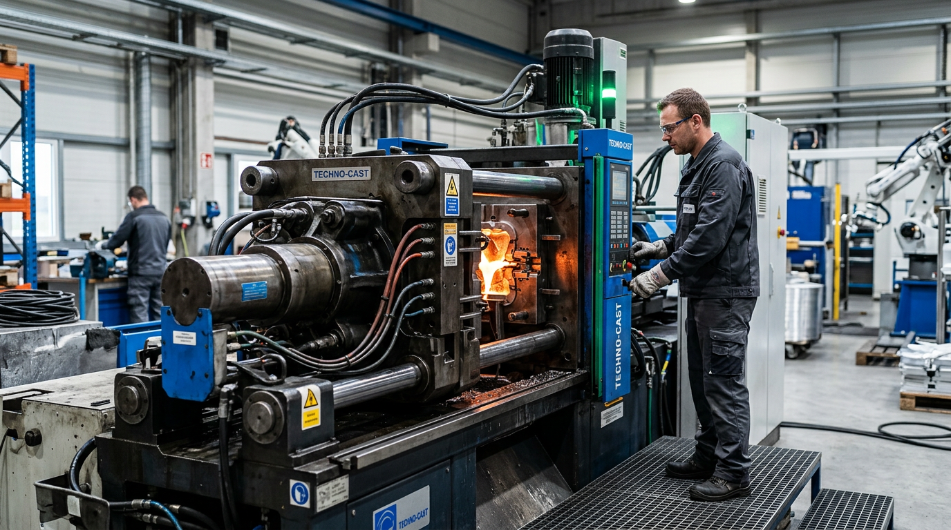 Die casting machine in operation with operator