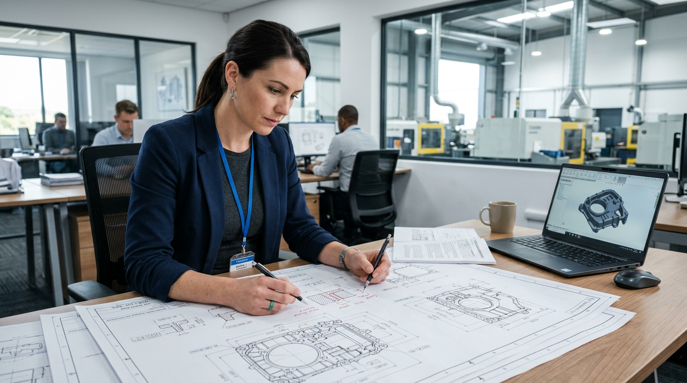 Engineer reviewing die casting part drawings