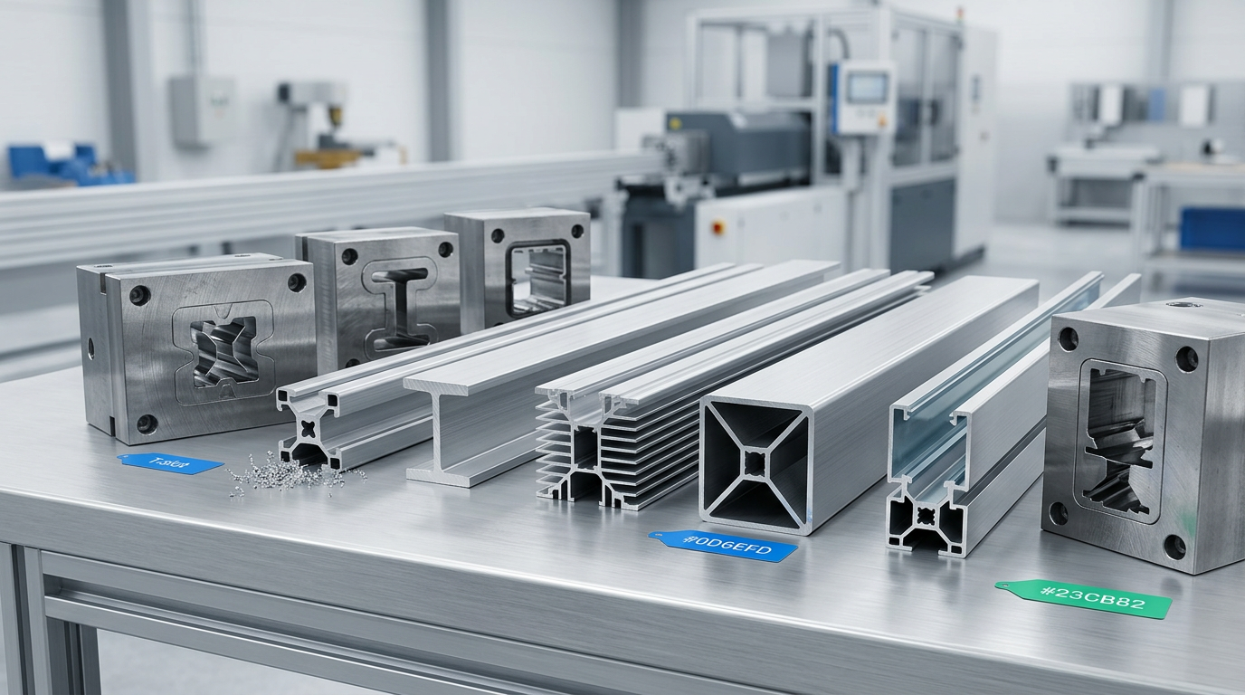 Aluminum extrusion dies and extruded profiles showing various cross-sections