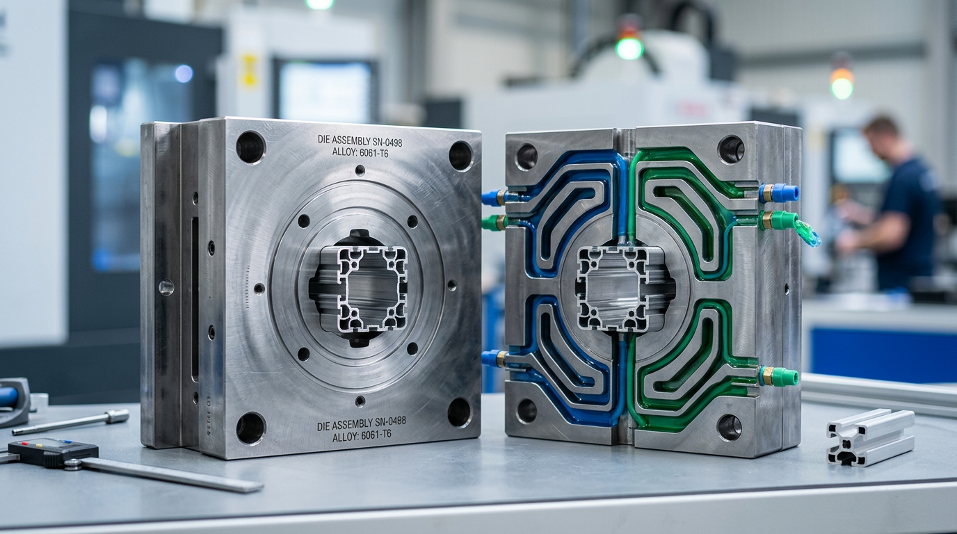 Aluminum extrusion die components and cross-section showing cooling lines