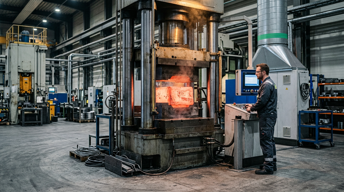 Open Die Forging process in a manufacturing facility, industrial photography
