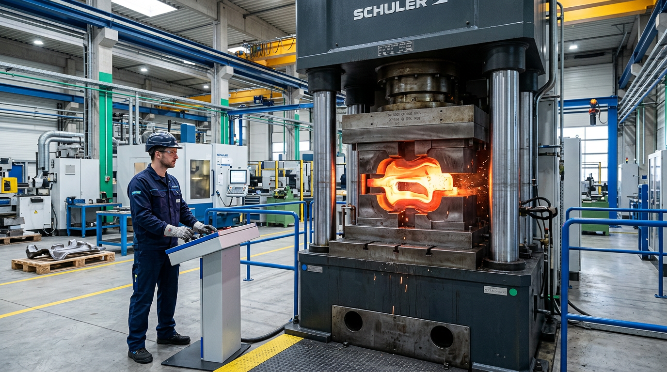 Closed Die Forging process in a manufacturing facility, industrial photography