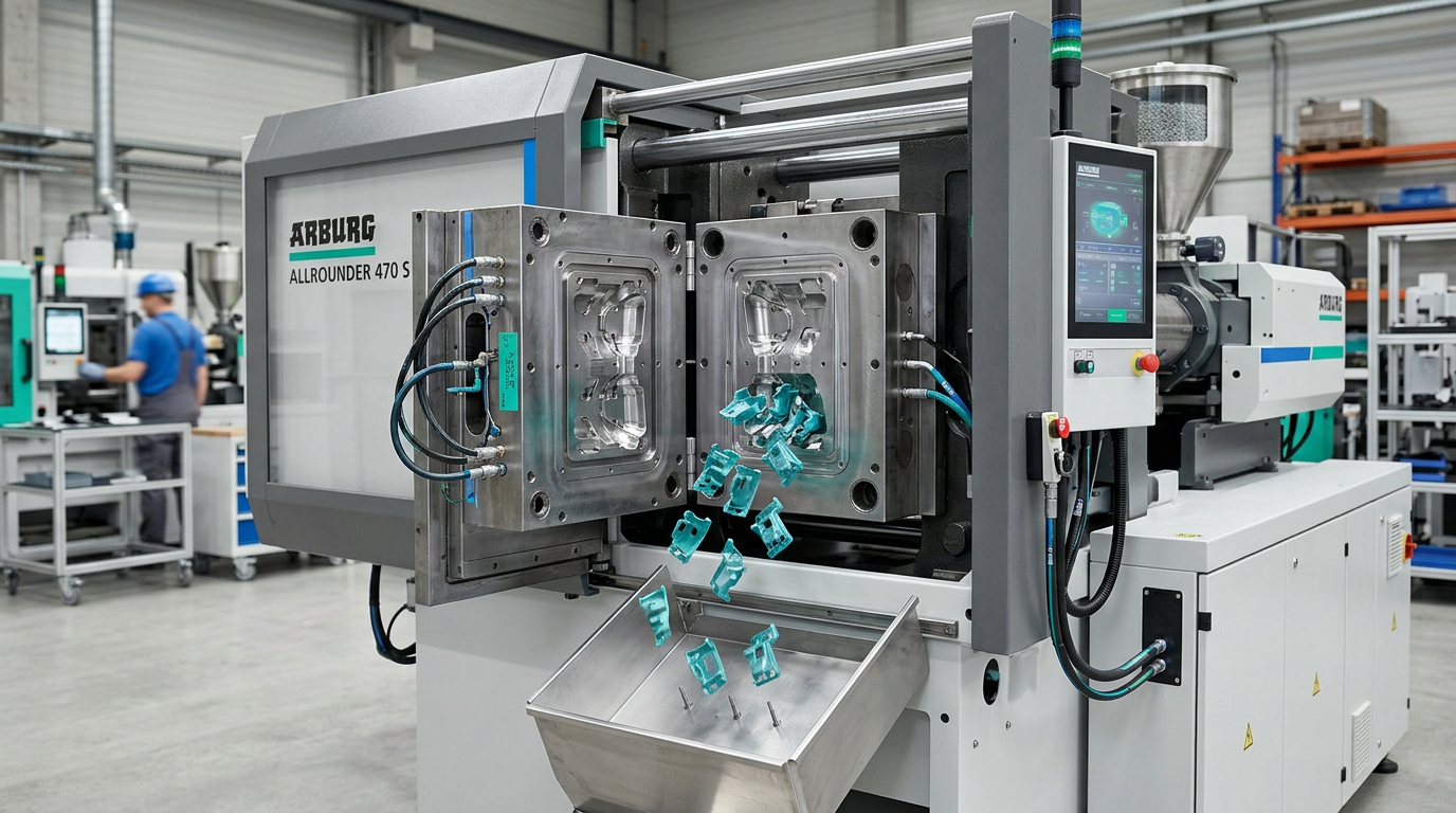 Injection molding machine with mold open and plastic parts ejecting