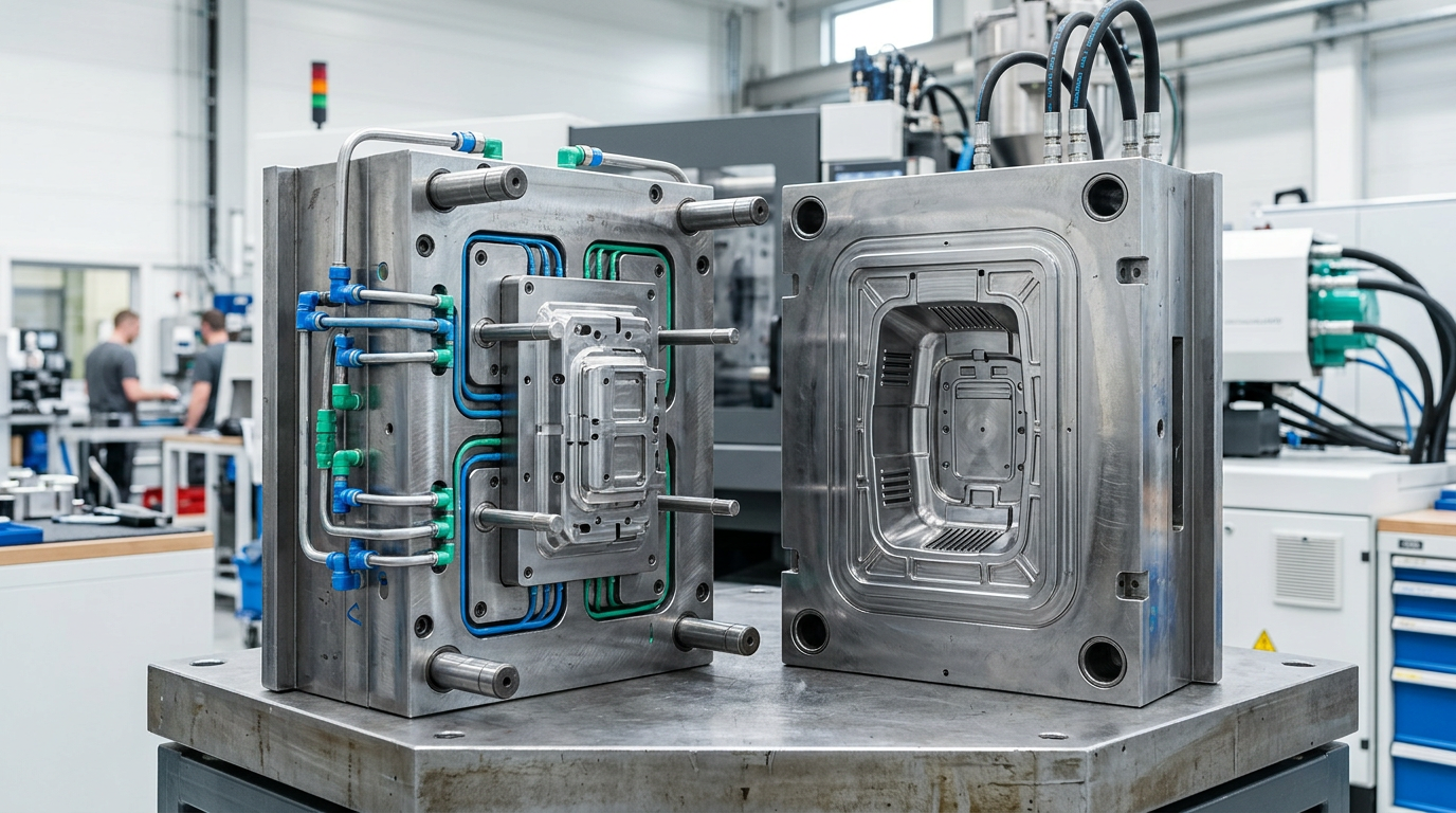 Open injection mold showing cavity and cooling channels