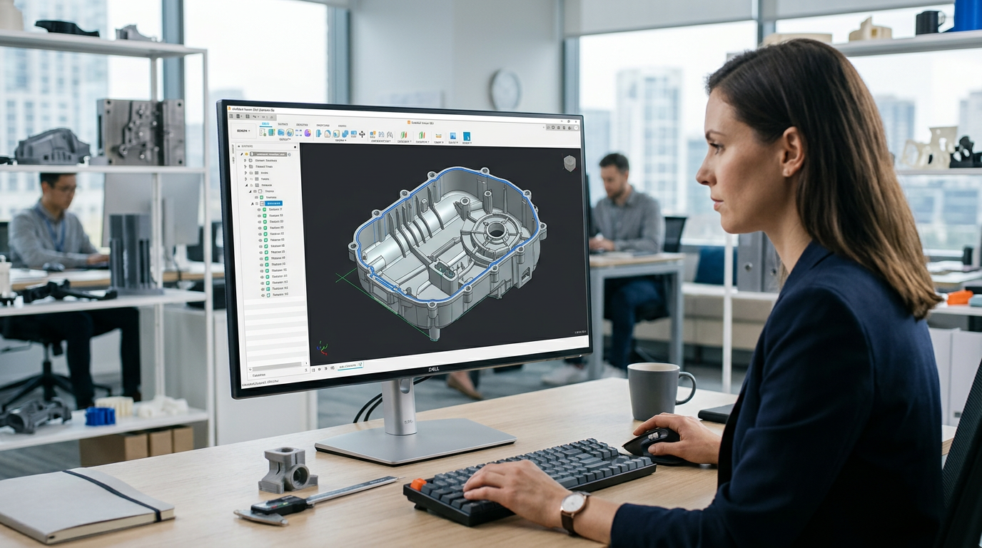 CAD model of injection molded part on computer screen