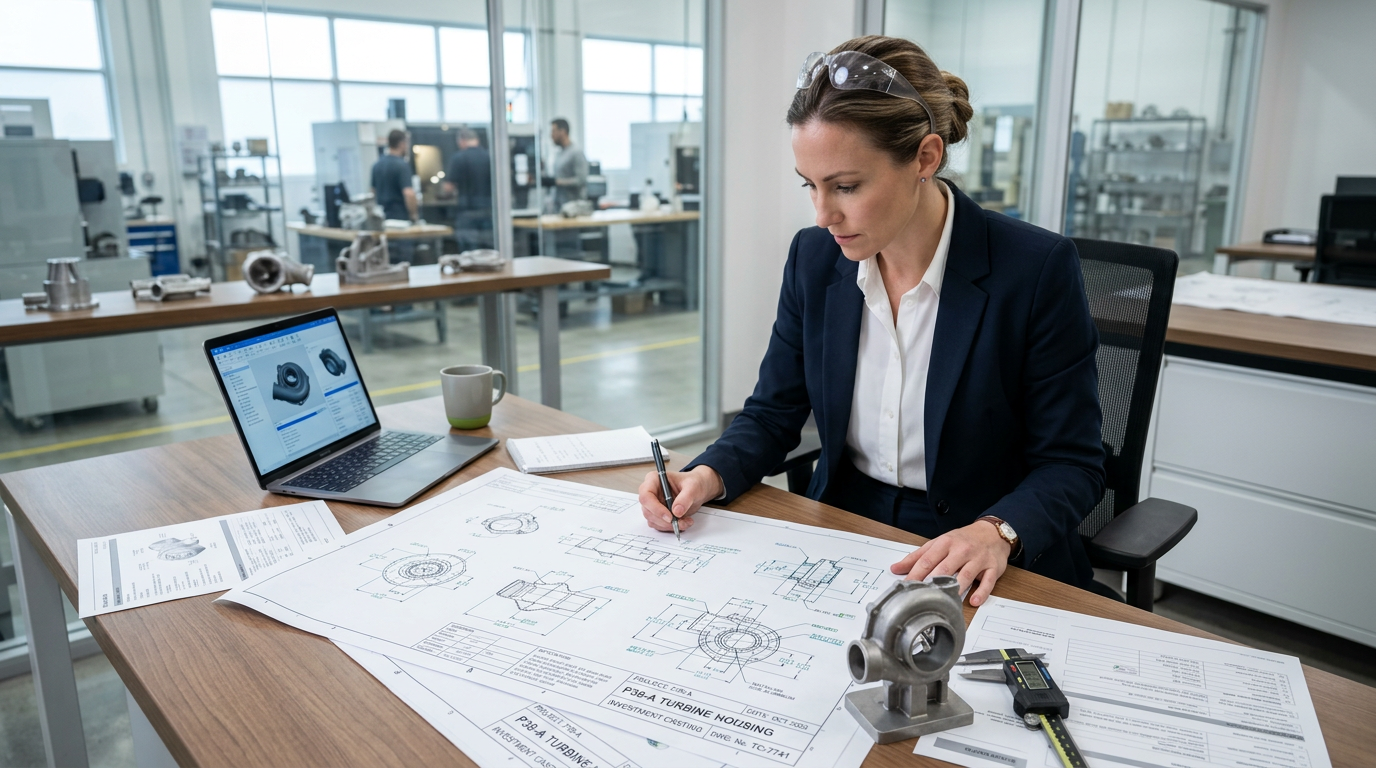 Engineer reviewing investment casting part drawings and specifications