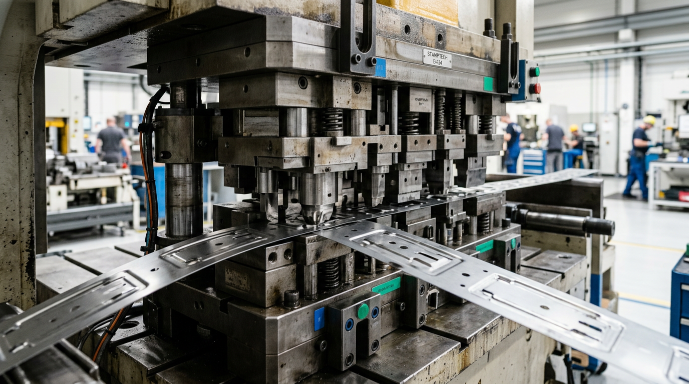 Progressive metal stamping die in operation with sheet metal strip