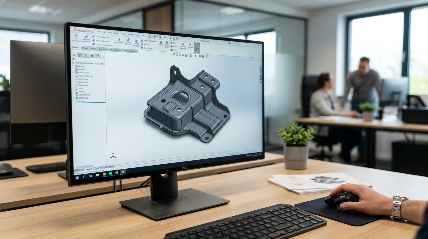 CAD model of metal stamped part on computer screen