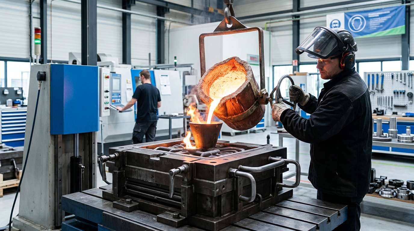 Permanent mold casting operation showing mold and molten metal