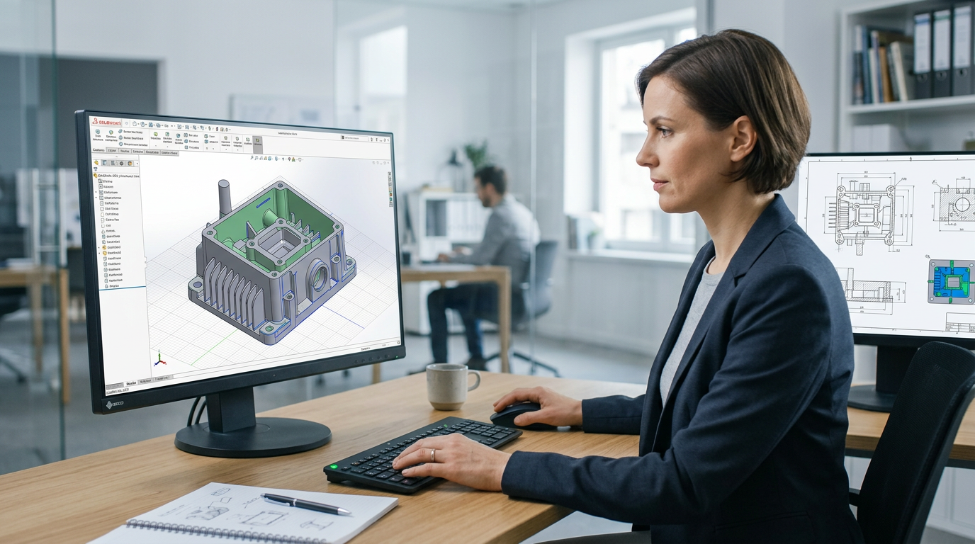CAD model of permanent mold casting part on computer screen