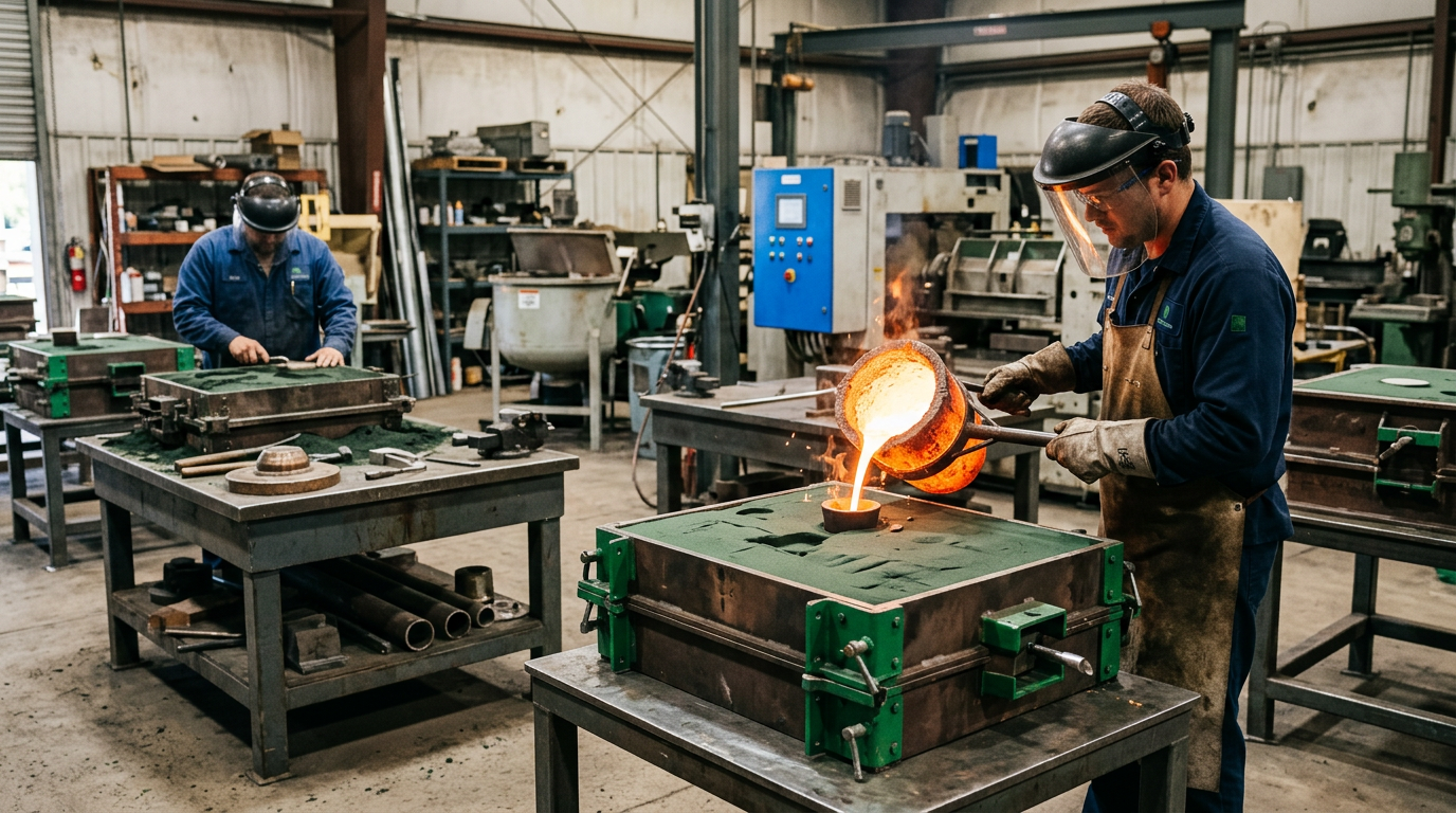 Sand casting production showing mold making and metal pouring