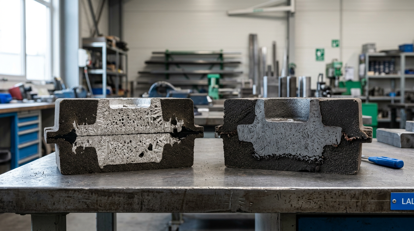 Cross-section of sand castings showing different materials and grain structure