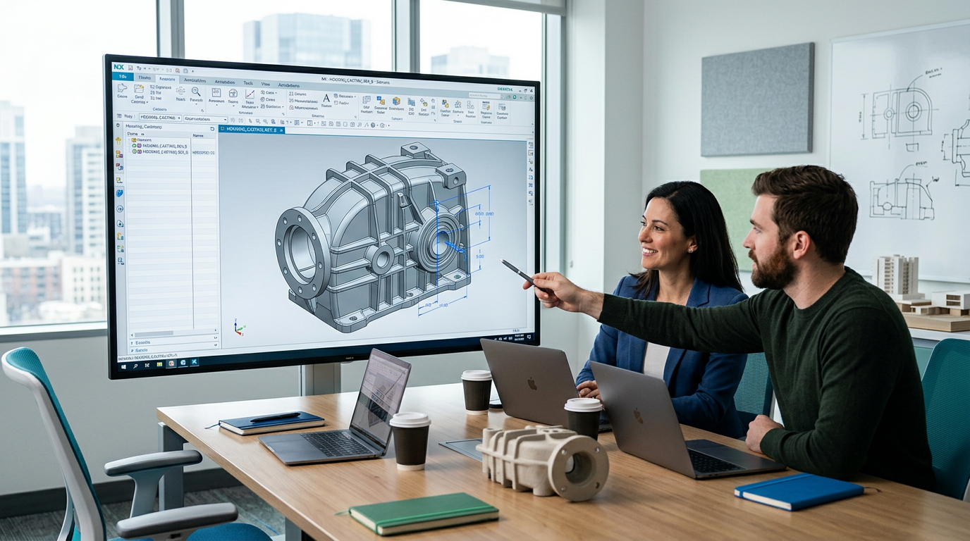 CAD model of sand casting part on computer screen during engineering review