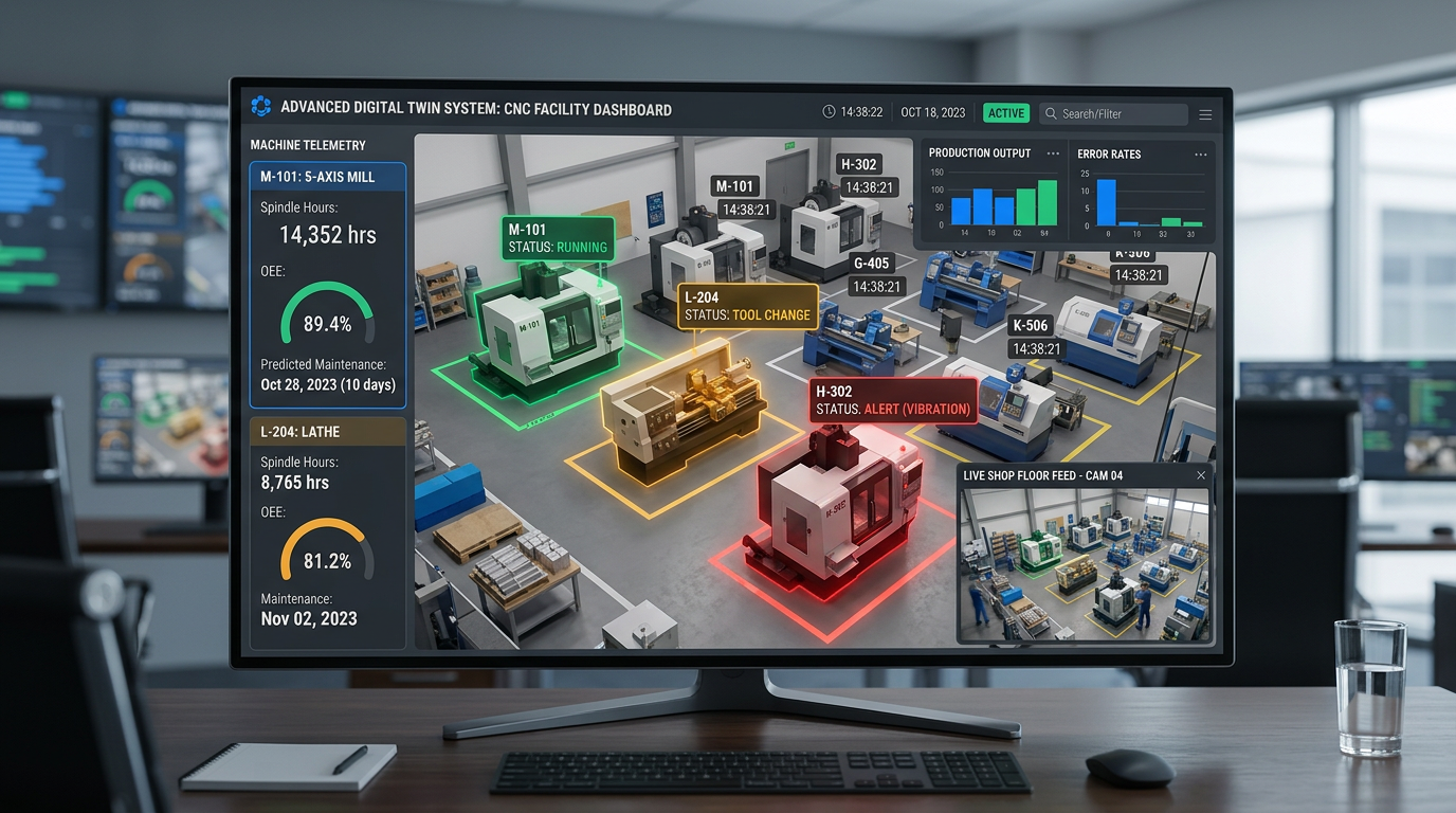 Large monitor displaying a digital twin system for a CNC machining facility