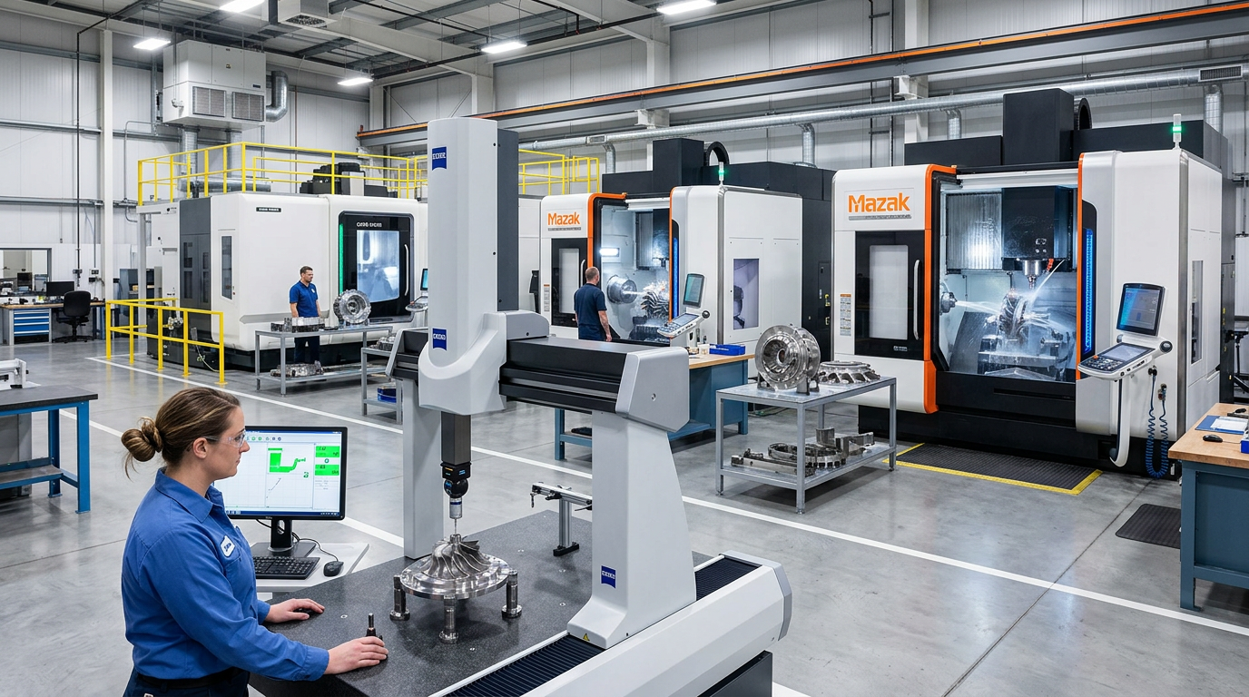 Interior of an aerospace manufacturing facility with multiple large 5-axis machining centers working on titanium and...