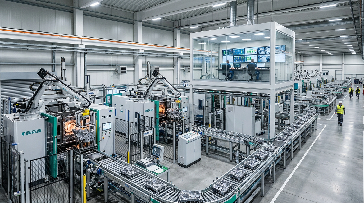 Wide-angle photograph of a modern automated die casting facility