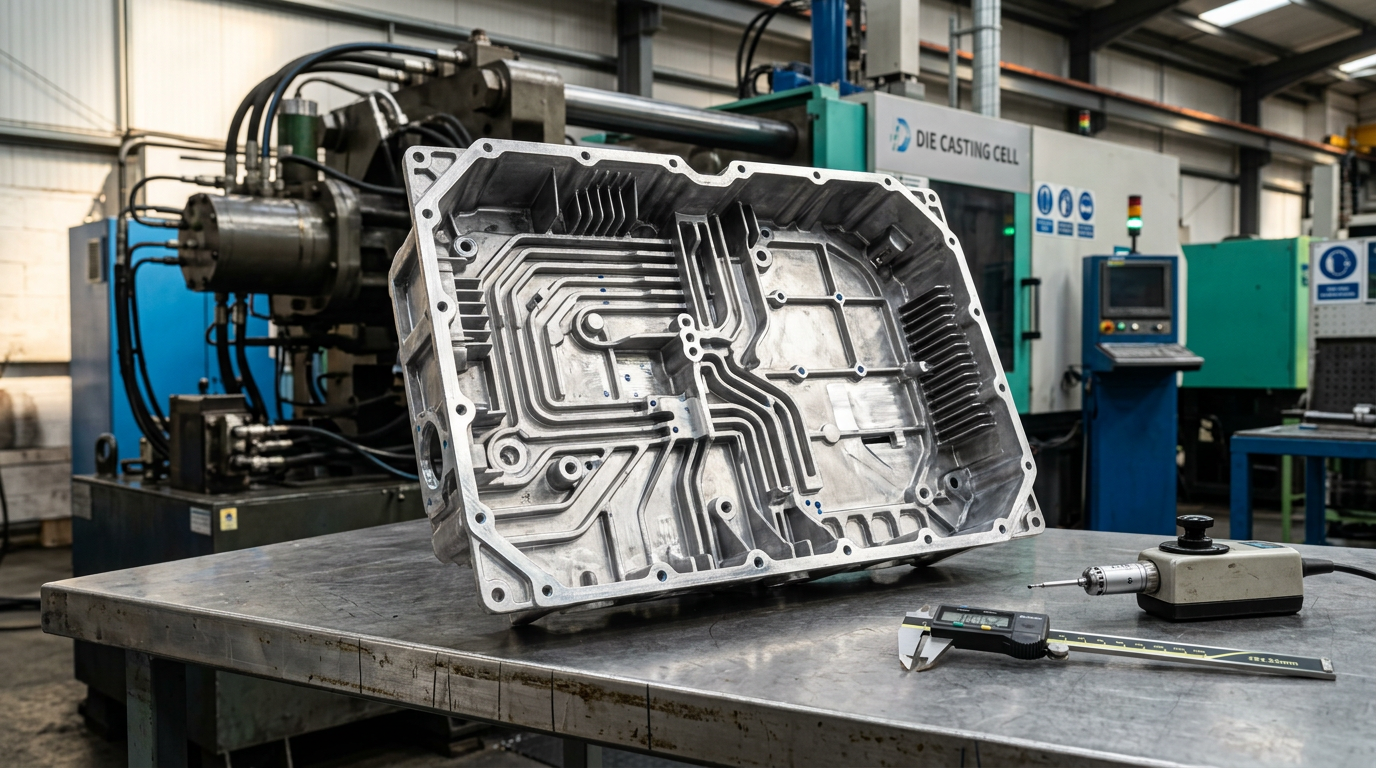 Close-up of a large aluminum EV battery housing casting, freshly ejected from a die casting machine