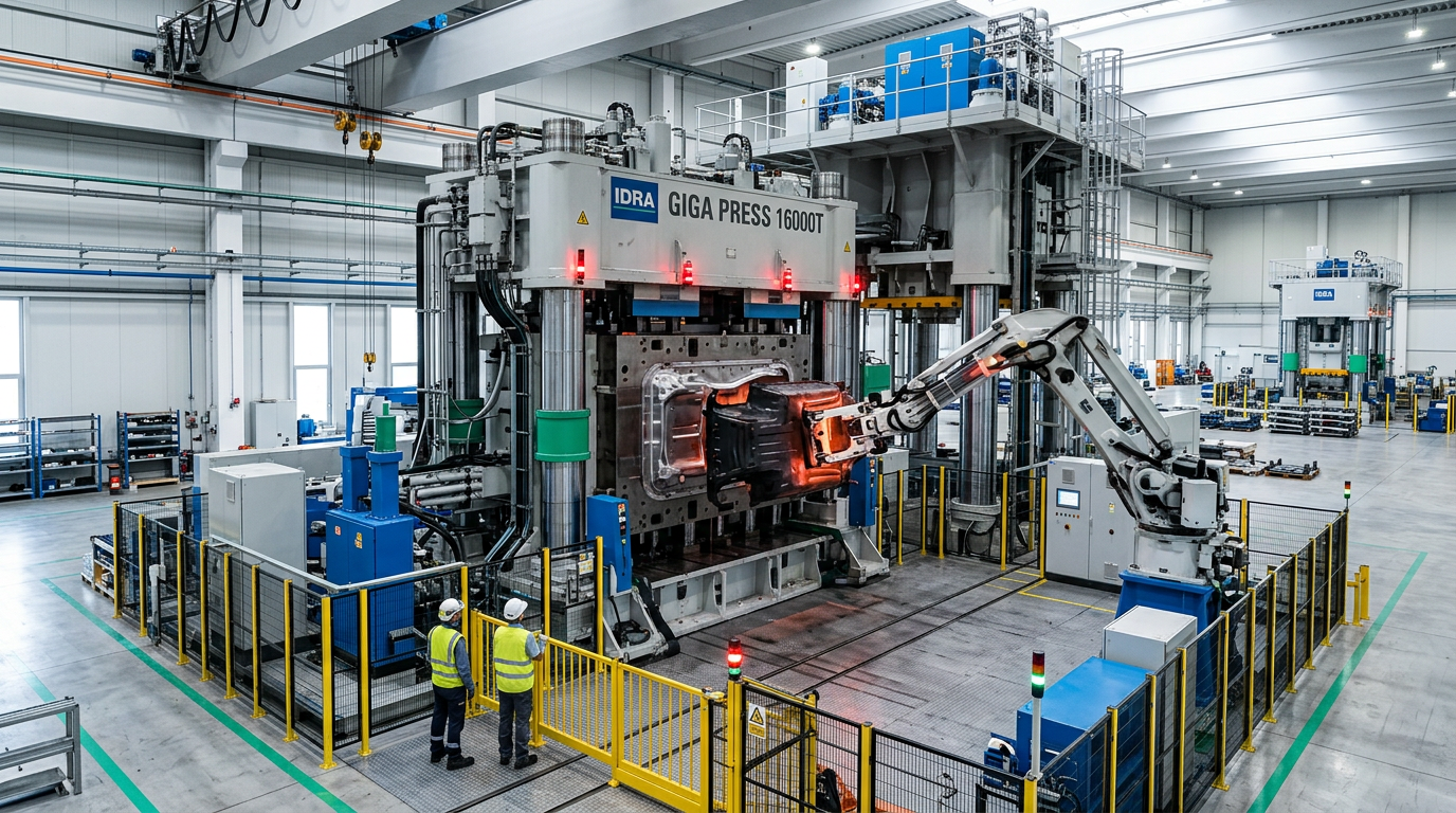 Massive giga-casting press (16,000+ ton) in operation, viewed from a slightly elevated angle
