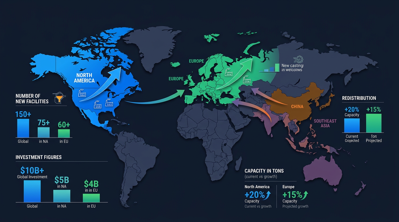 Stylized infographic-style world map showing die casting capacity shifts and reshoring trends