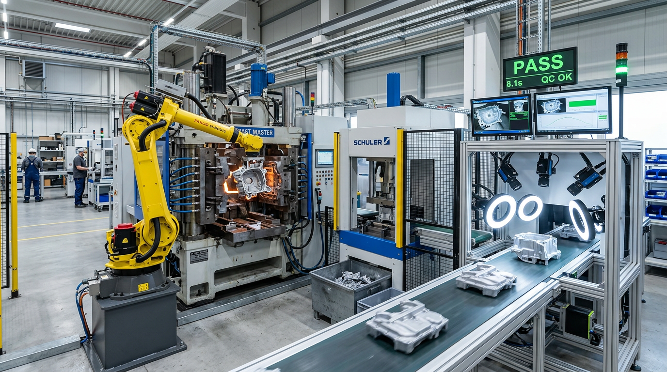 Automated die casting cell showing the full production flow: a die casting machine in the center, robotic extraction...