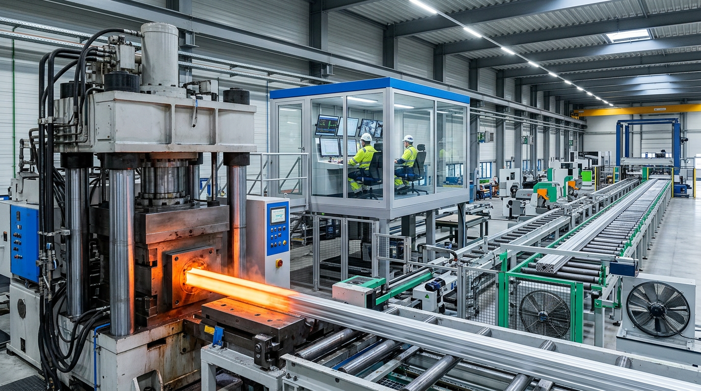 Panoramic view of an automated aluminum extrusion production line