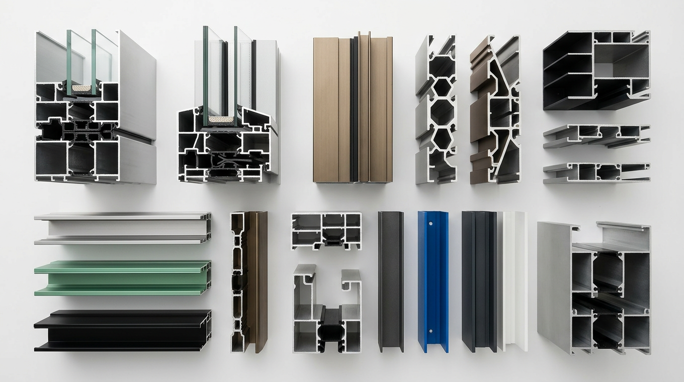 Display of finished architectural aluminum extrusion profiles arranged artistically on a white surface