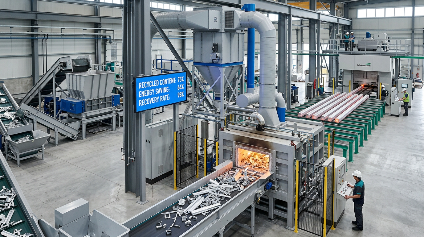 Aluminum scrap recycling and processing facility connected to an extrusion plant