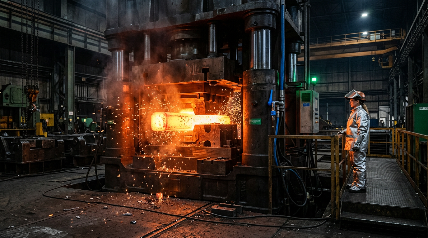 Massive hydraulic forging press in operation, pressing a glowing red-hot steel billet between precision dies