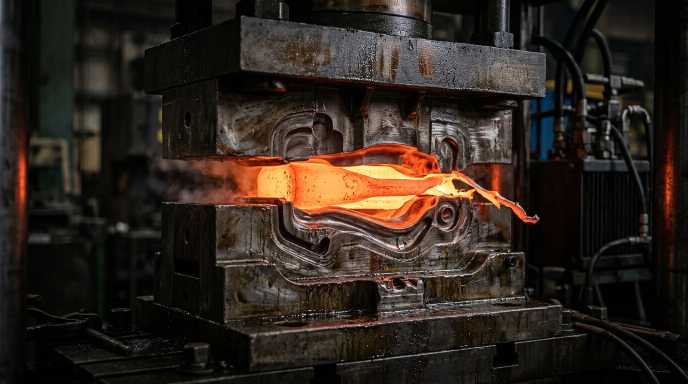 Close-up of a hot forging operation showing an aluminum billet being precision-forged in a closed-die impression