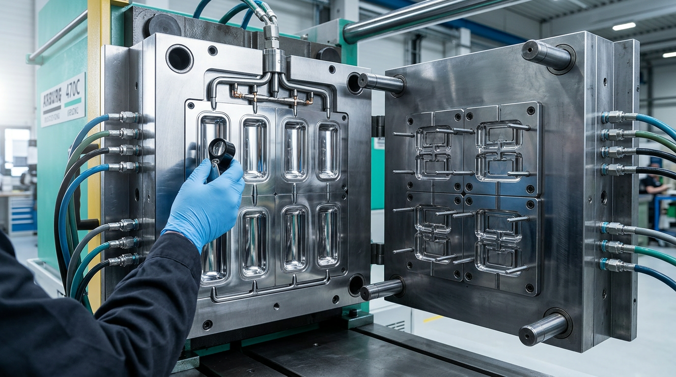 Close-up photograph of a high-precision multi-cavity injection mold, opened to reveal both halves