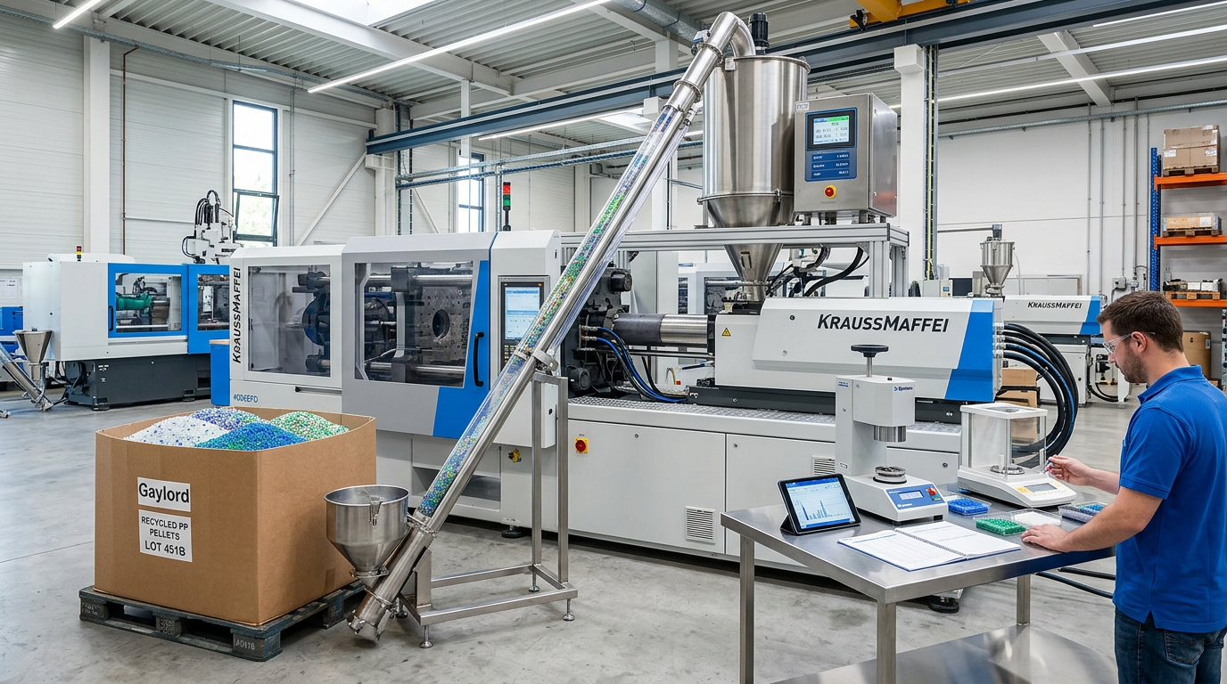 Material handling system at an injection molding facility showing the transition to recycled plastics
