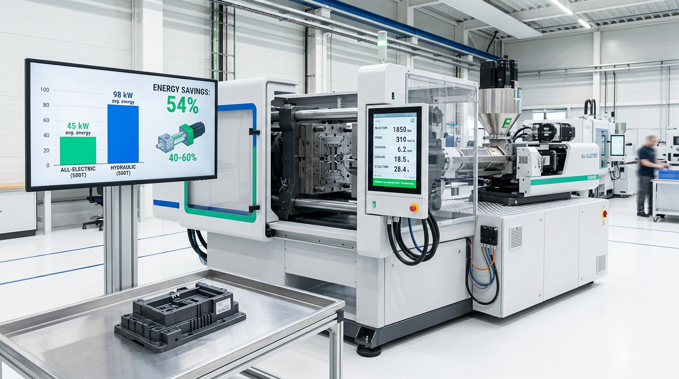 Modern all-electric injection molding machine (500+ ton) in operation
